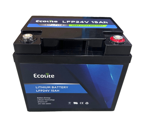 Ecolite 24v 15Ah Alta gama de temperatura AGV LiFePo4 Lítio Ferro Fosfato BMS integrado